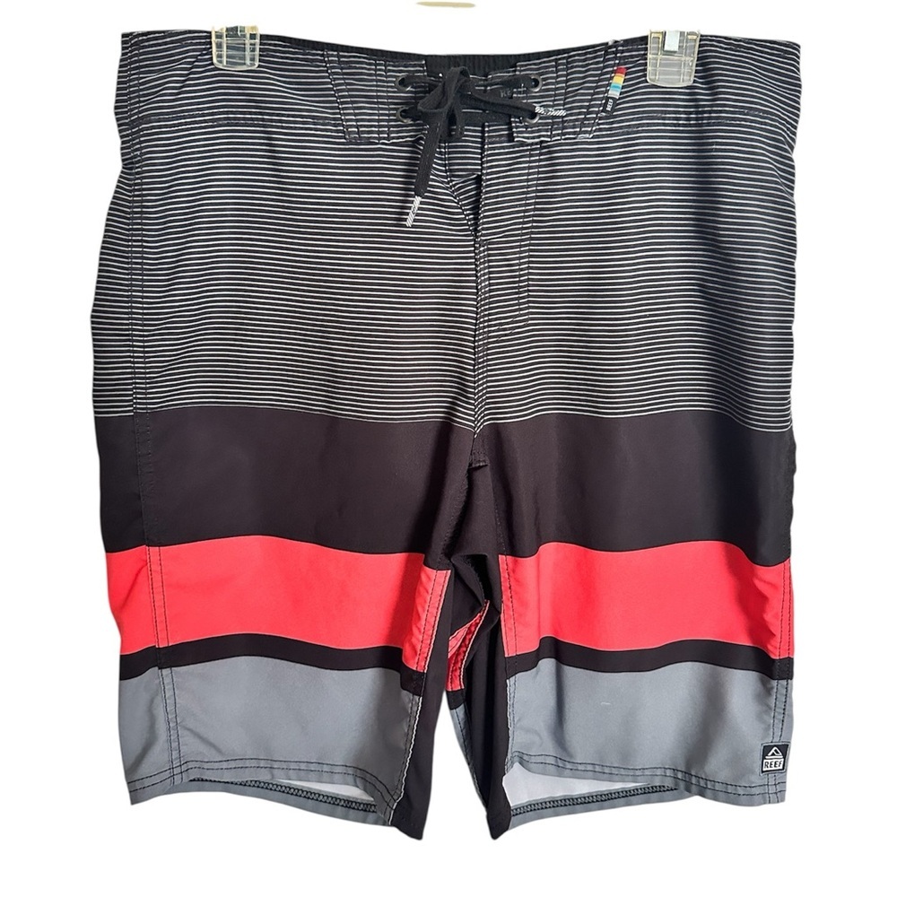 Reef Men's Swim Shorts Striped - Black, Red, and Gray Size 32